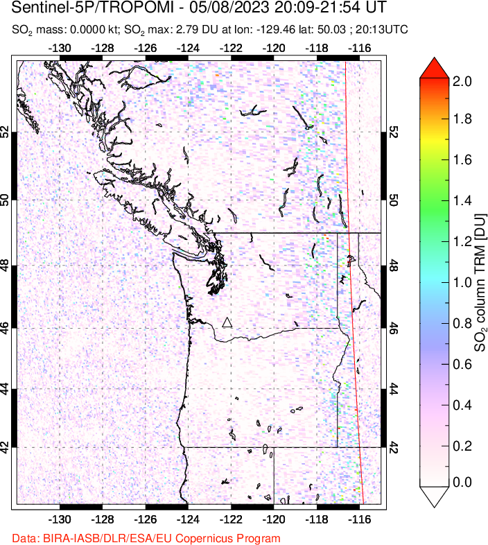 A sulfur dioxide image over Cascade Range, USA on May 08, 2023.