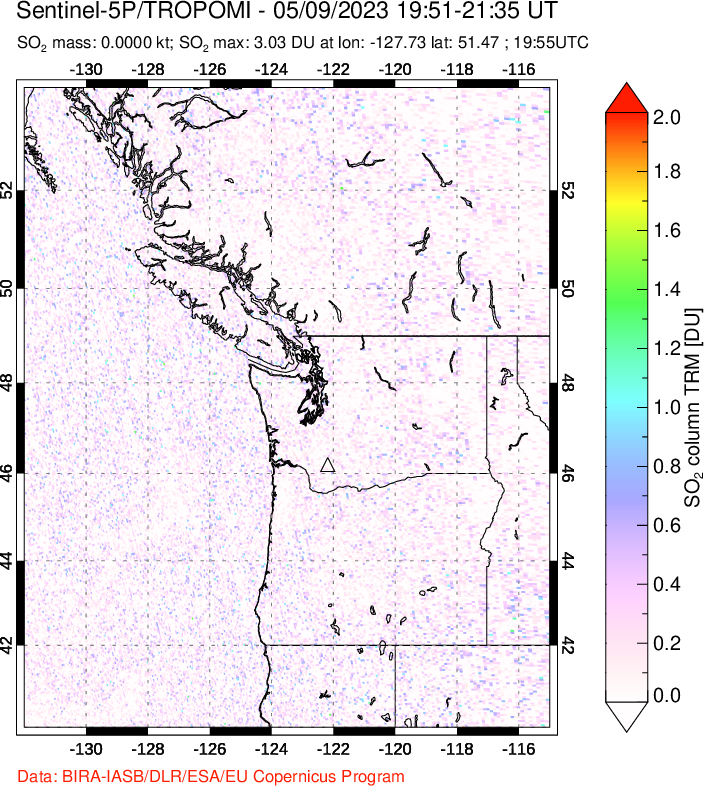 A sulfur dioxide image over Cascade Range, USA on May 09, 2023.