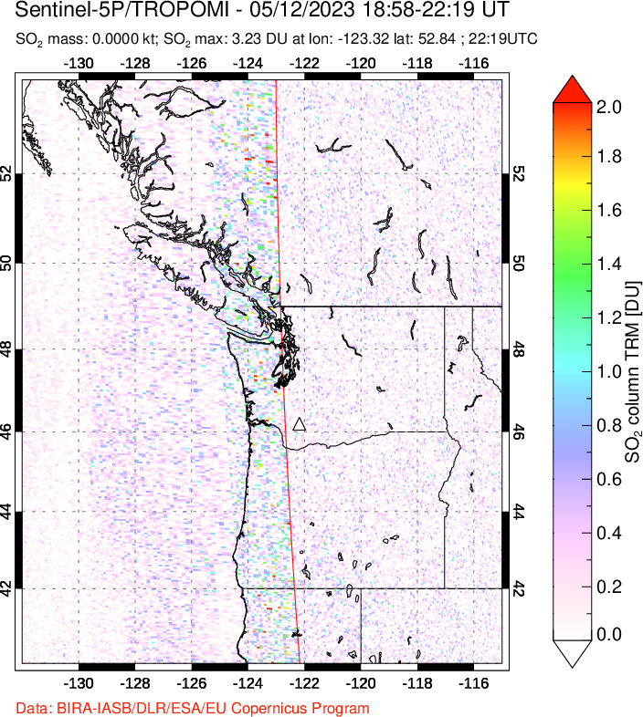 A sulfur dioxide image over Cascade Range, USA on May 12, 2023.
