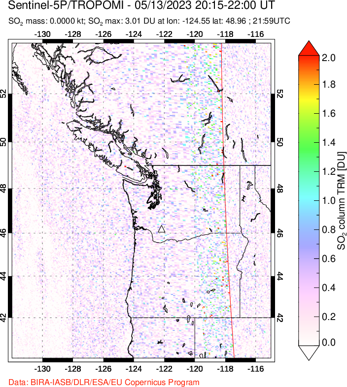 A sulfur dioxide image over Cascade Range, USA on May 13, 2023.
