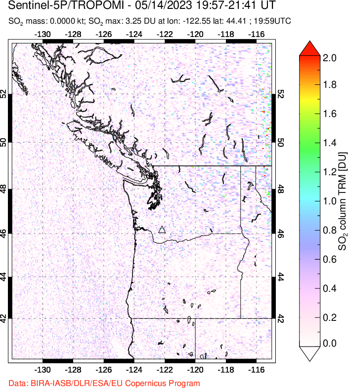 A sulfur dioxide image over Cascade Range, USA on May 14, 2023.