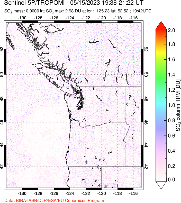 A sulfur dioxide image over Cascade Range, USA on May 15, 2023.