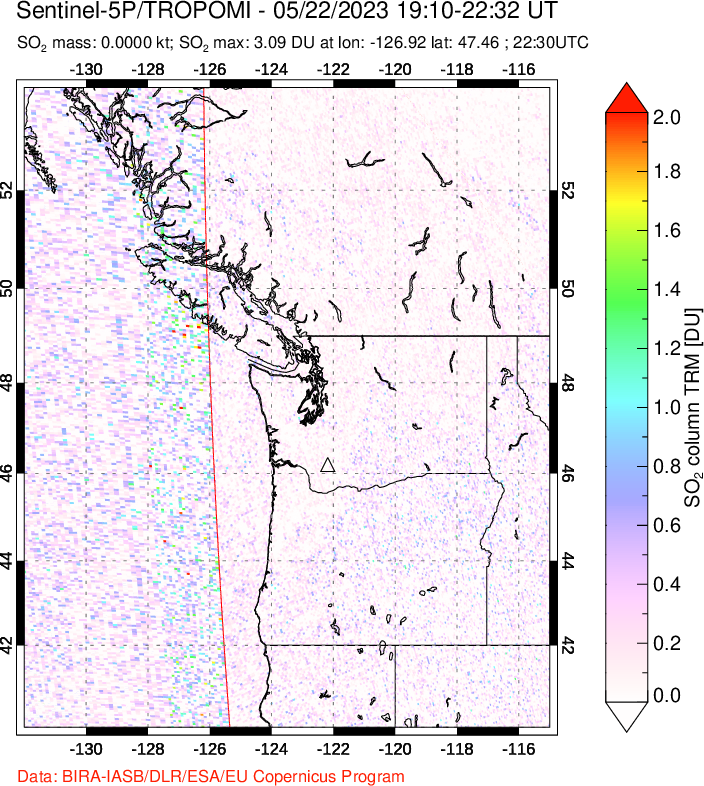 A sulfur dioxide image over Cascade Range, USA on May 22, 2023.