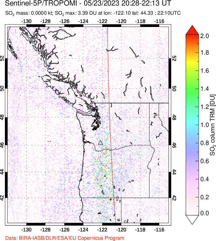 A sulfur dioxide image over Cascade Range, USA on May 23, 2023.