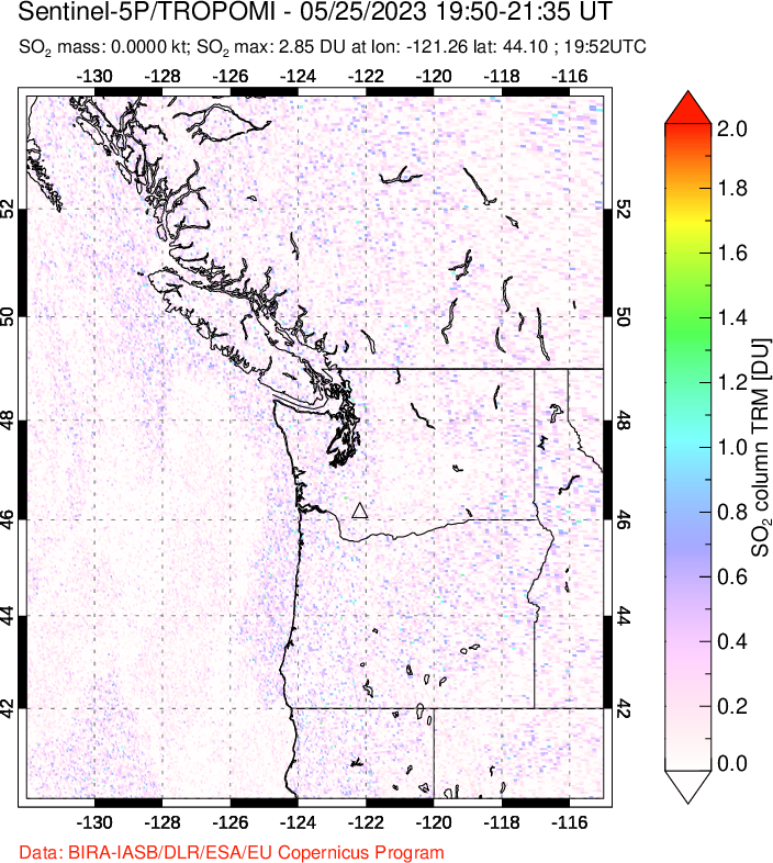 A sulfur dioxide image over Cascade Range, USA on May 25, 2023.
