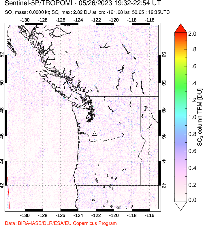 A sulfur dioxide image over Cascade Range, USA on May 26, 2023.
