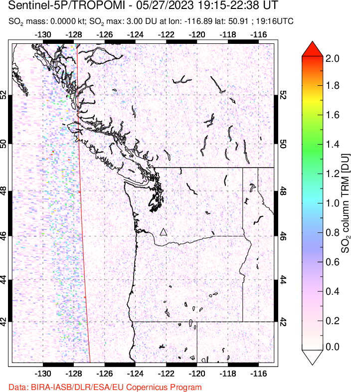 A sulfur dioxide image over Cascade Range, USA on May 27, 2023.