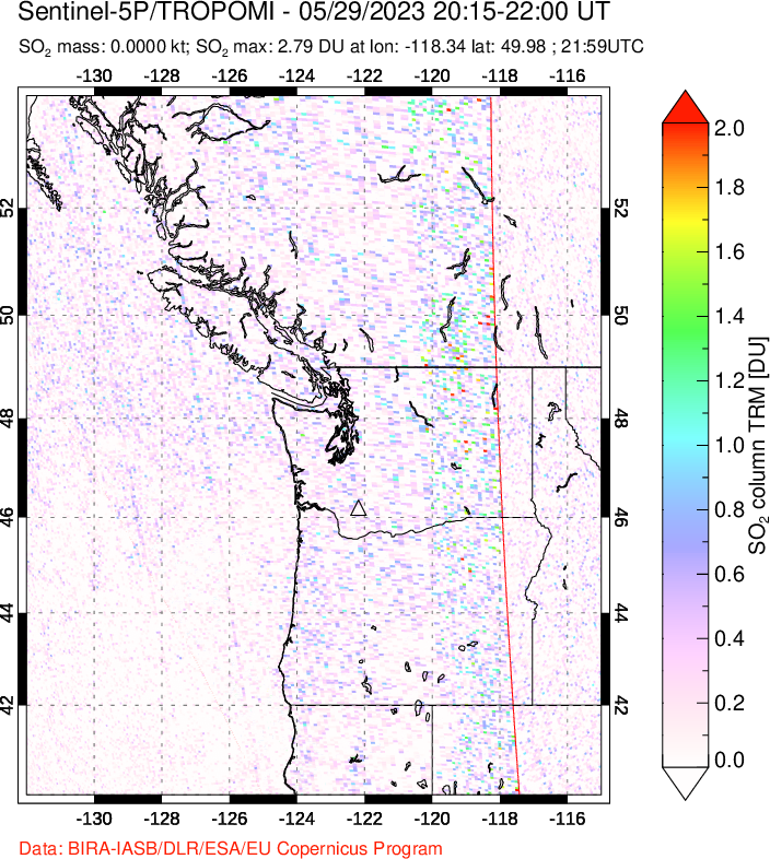 A sulfur dioxide image over Cascade Range, USA on May 29, 2023.