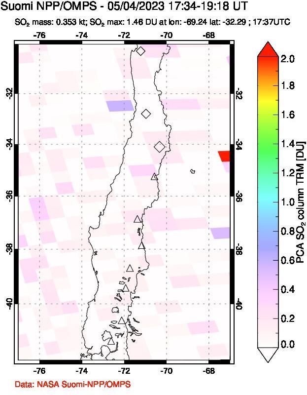 A sulfur dioxide image over Central Chile on May 04, 2023.