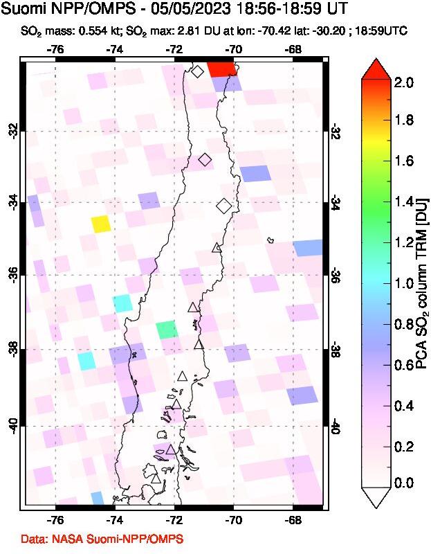 A sulfur dioxide image over Central Chile on May 05, 2023.