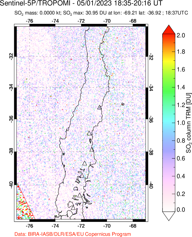 A sulfur dioxide image over Central Chile on May 01, 2023.
