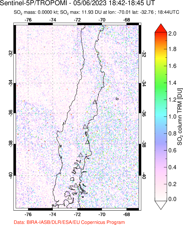 A sulfur dioxide image over Central Chile on May 06, 2023.