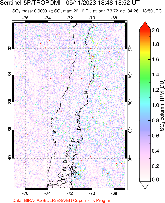 A sulfur dioxide image over Central Chile on May 11, 2023.