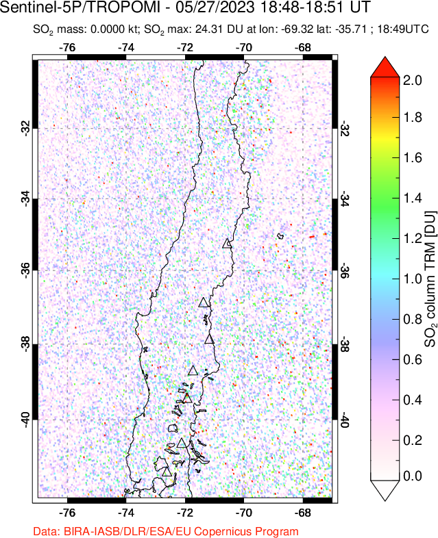 A sulfur dioxide image over Central Chile on May 27, 2023.