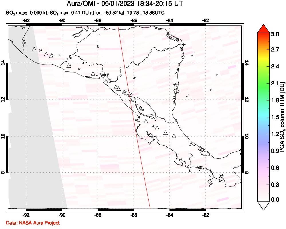 A sulfur dioxide image over Central America on May 01, 2023.