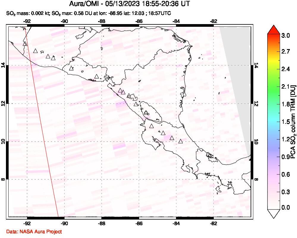 A sulfur dioxide image over Central America on May 13, 2023.