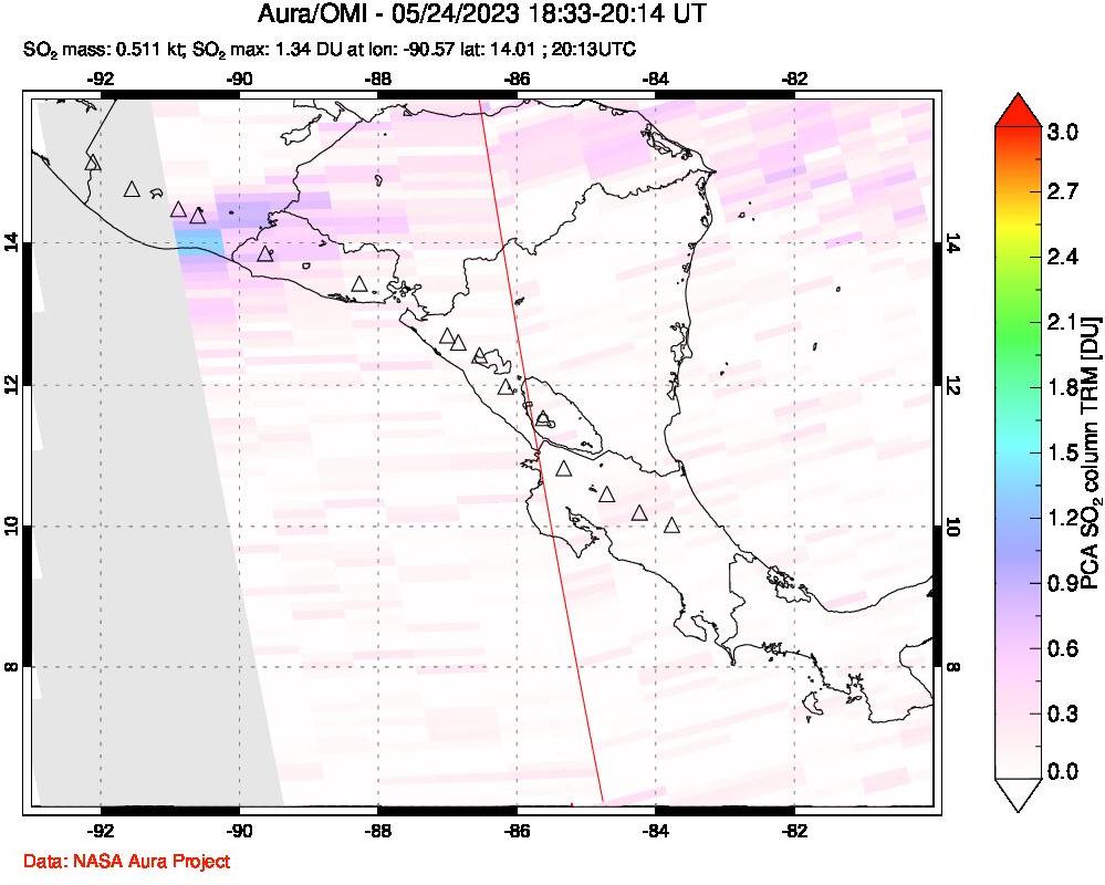 A sulfur dioxide image over Central America on May 24, 2023.