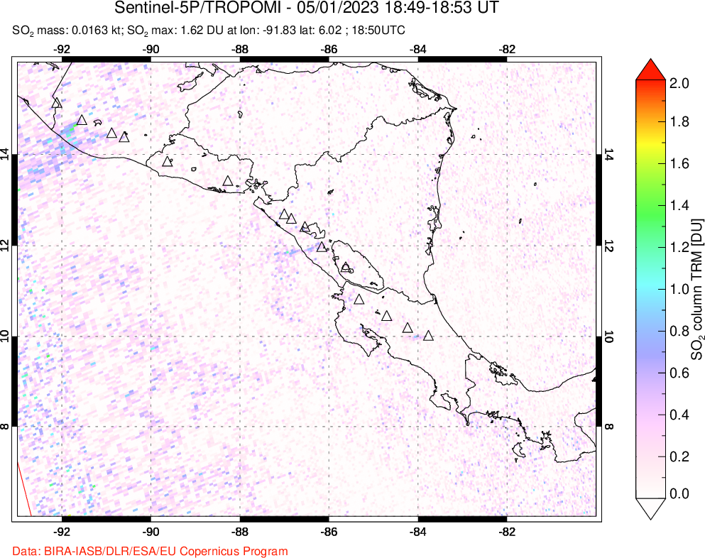 A sulfur dioxide image over Central America on May 01, 2023.