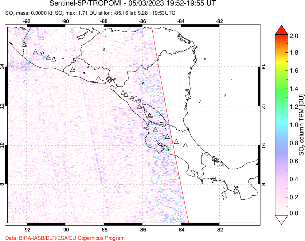 A sulfur dioxide image over Central America on May 03, 2023.