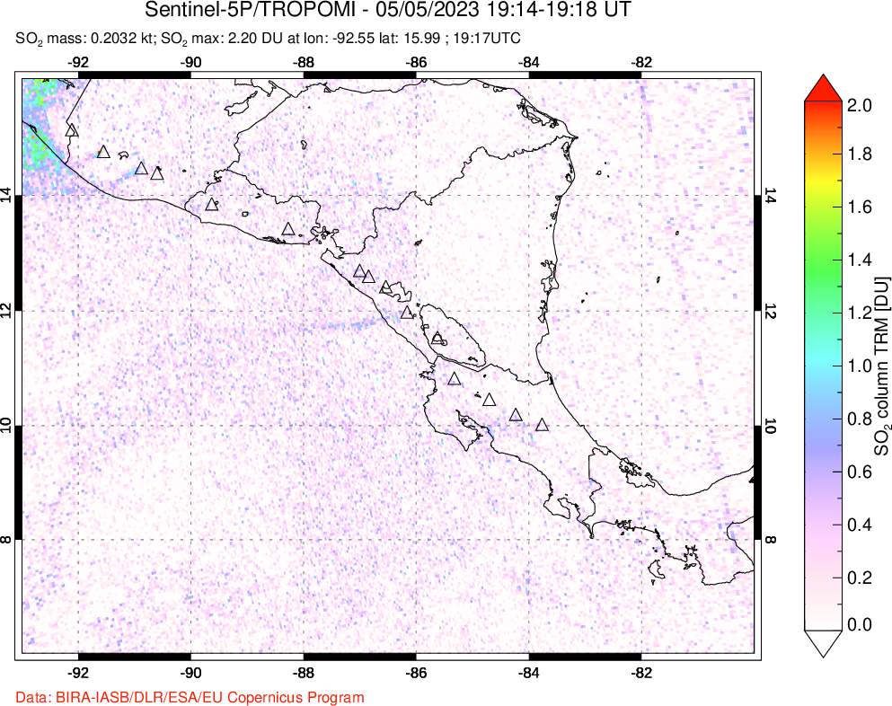 A sulfur dioxide image over Central America on May 05, 2023.