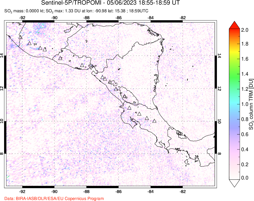 A sulfur dioxide image over Central America on May 06, 2023.