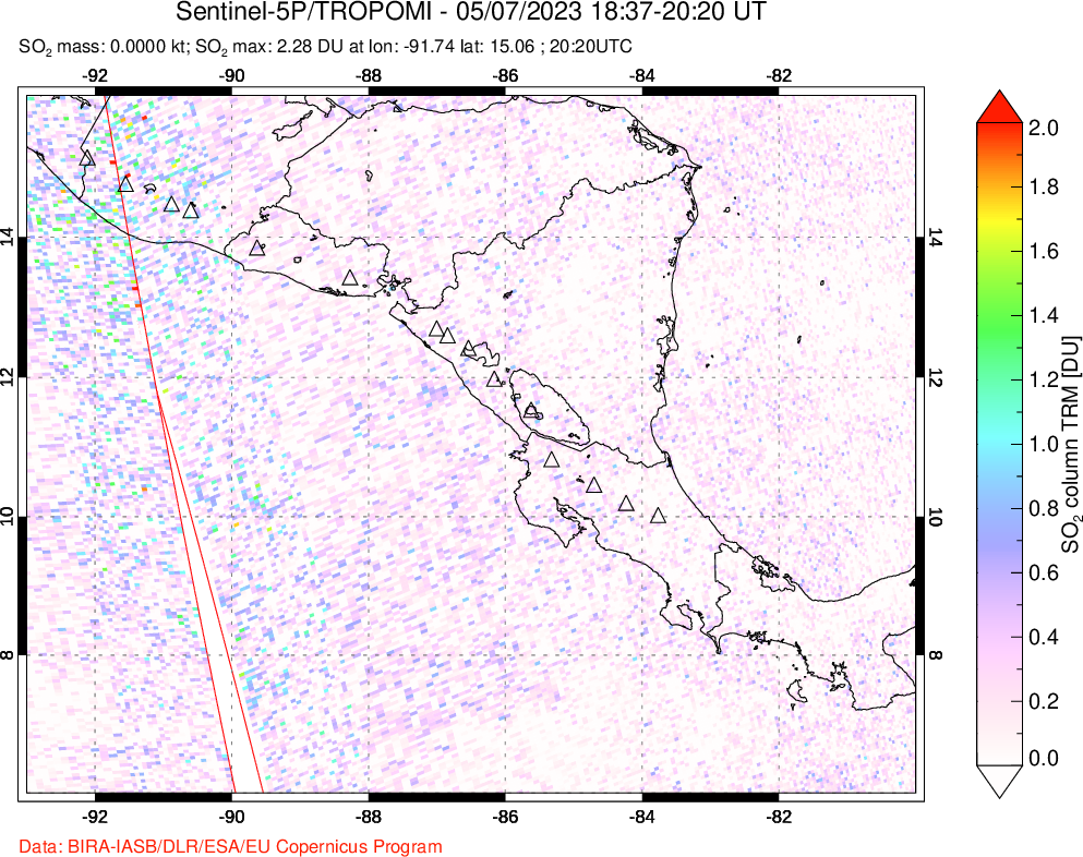 A sulfur dioxide image over Central America on May 07, 2023.