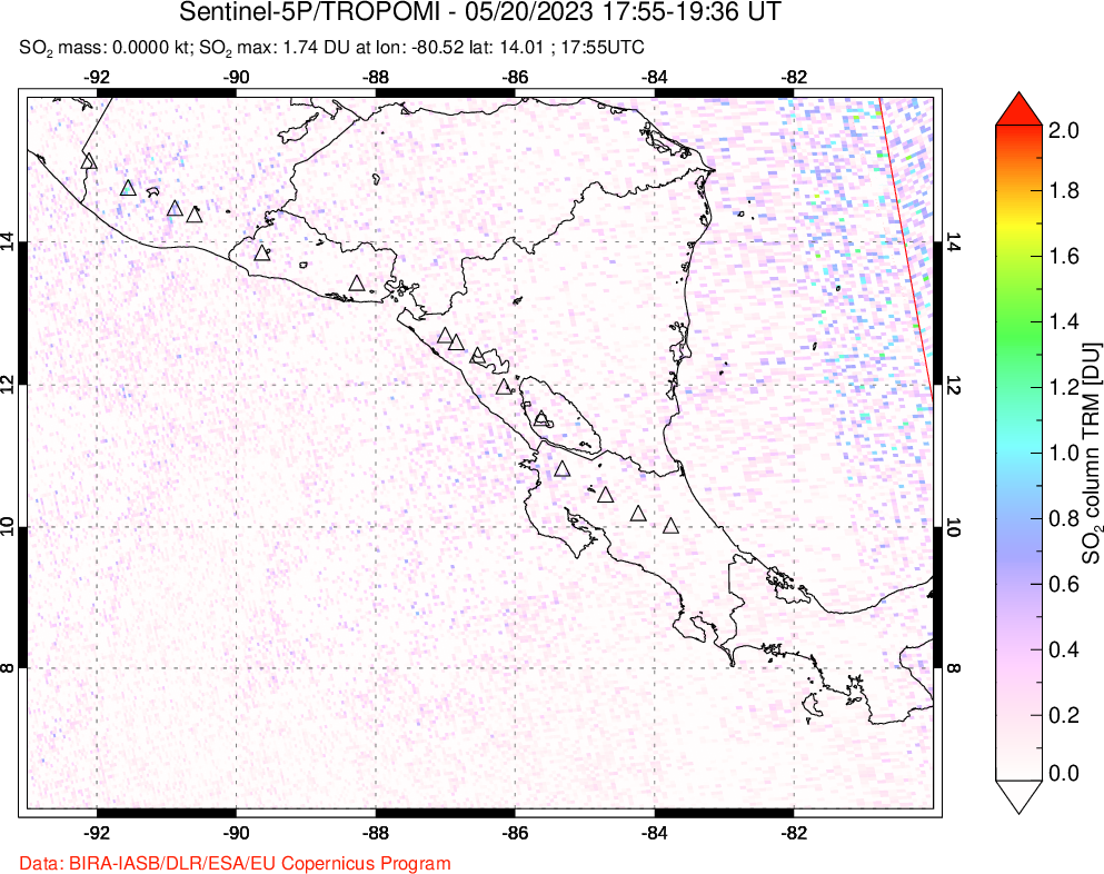 A sulfur dioxide image over Central America on May 20, 2023.