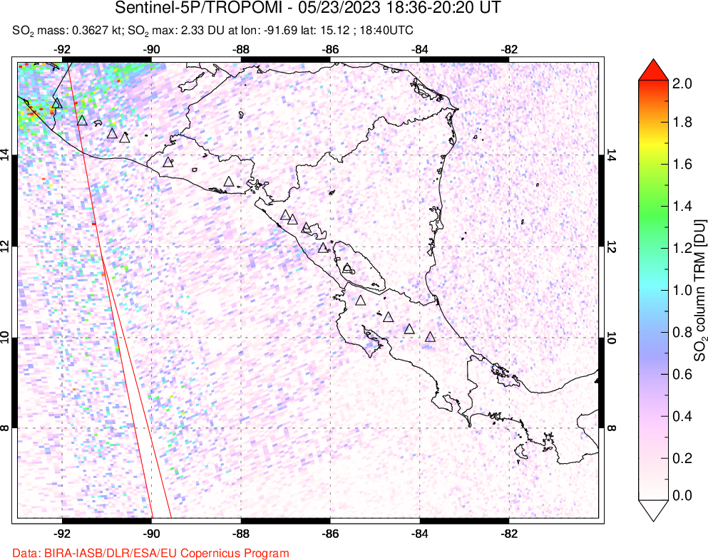 A sulfur dioxide image over Central America on May 23, 2023.