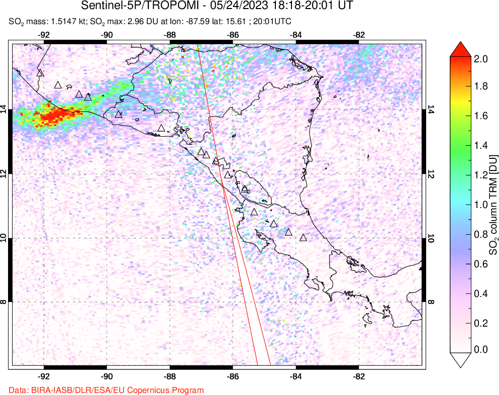 A sulfur dioxide image over Central America on May 24, 2023.