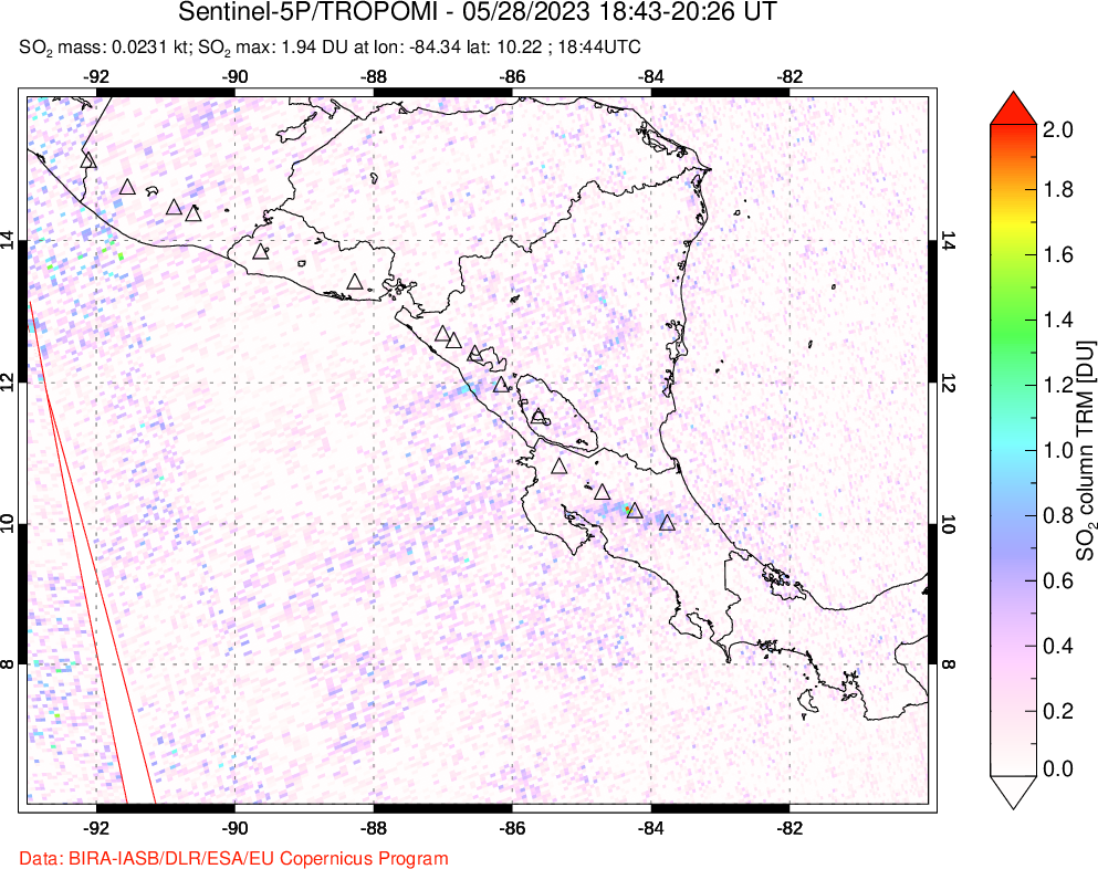 A sulfur dioxide image over Central America on May 28, 2023.