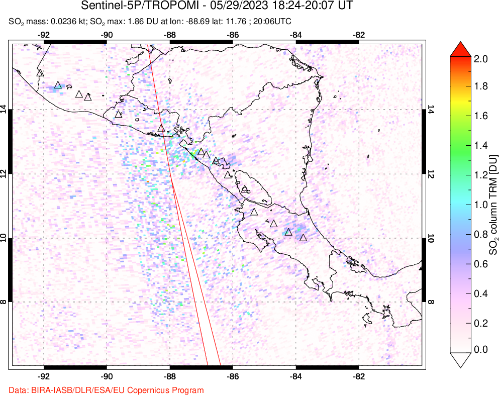 A sulfur dioxide image over Central America on May 29, 2023.