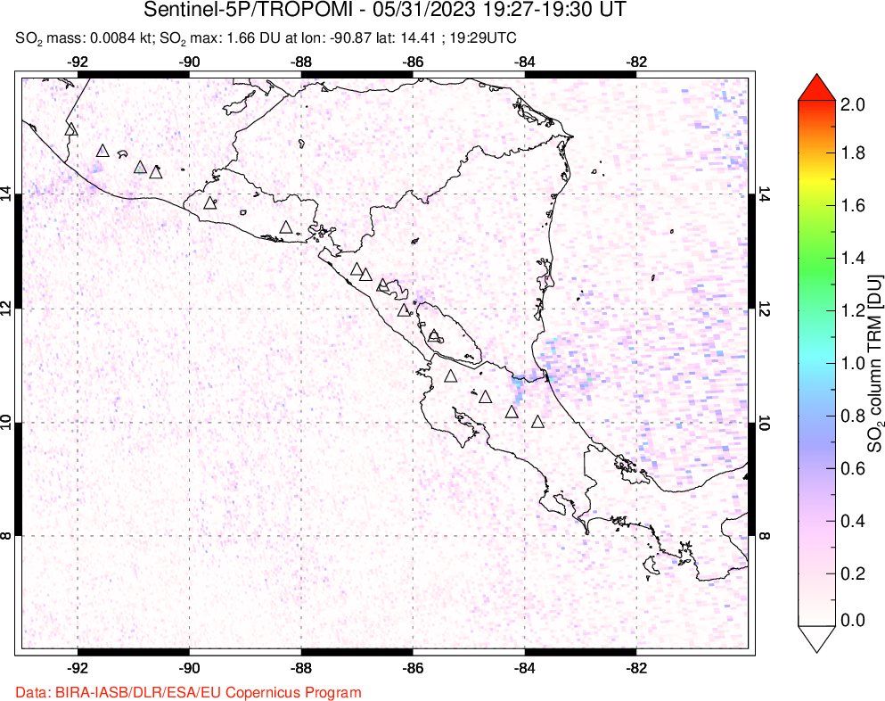 A sulfur dioxide image over Central America on May 31, 2023.