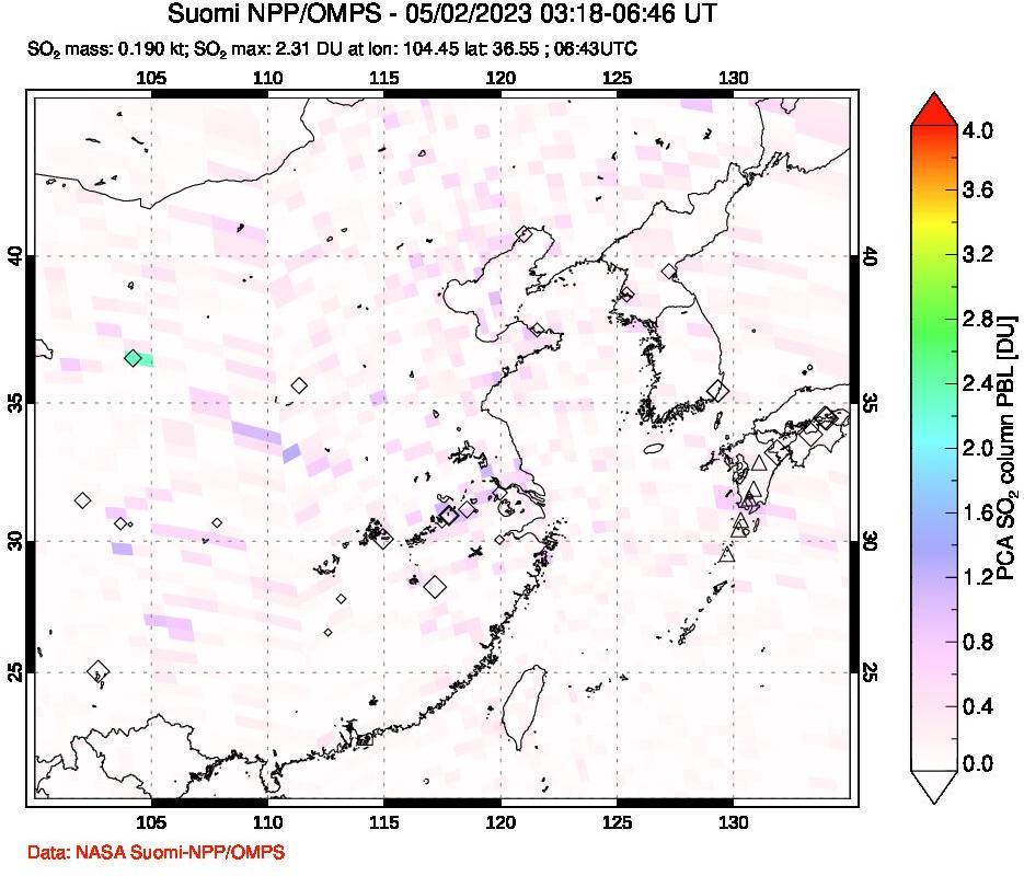 A sulfur dioxide image over Eastern China on May 02, 2023.