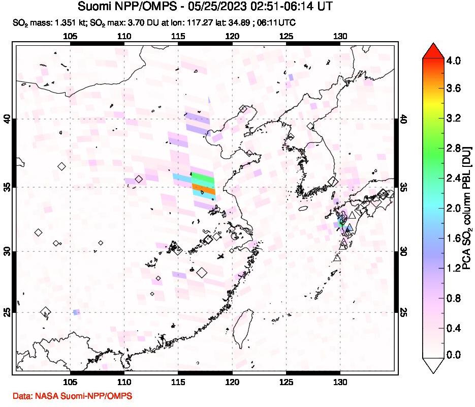 A sulfur dioxide image over Eastern China on May 25, 2023.