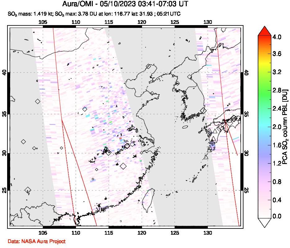 A sulfur dioxide image over Eastern China on May 10, 2023.