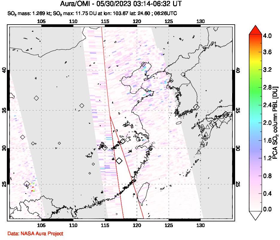 A sulfur dioxide image over Eastern China on May 30, 2023.