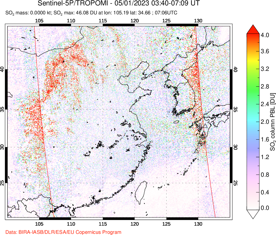 A sulfur dioxide image over Eastern China on May 01, 2023.
