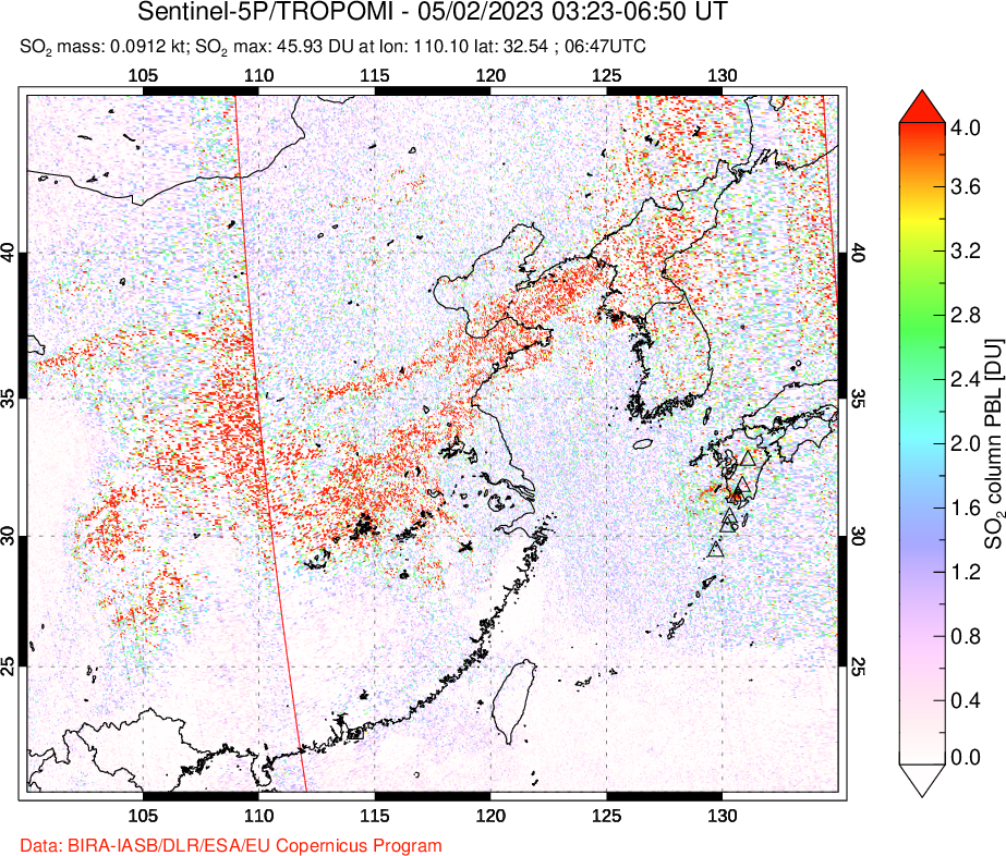A sulfur dioxide image over Eastern China on May 02, 2023.