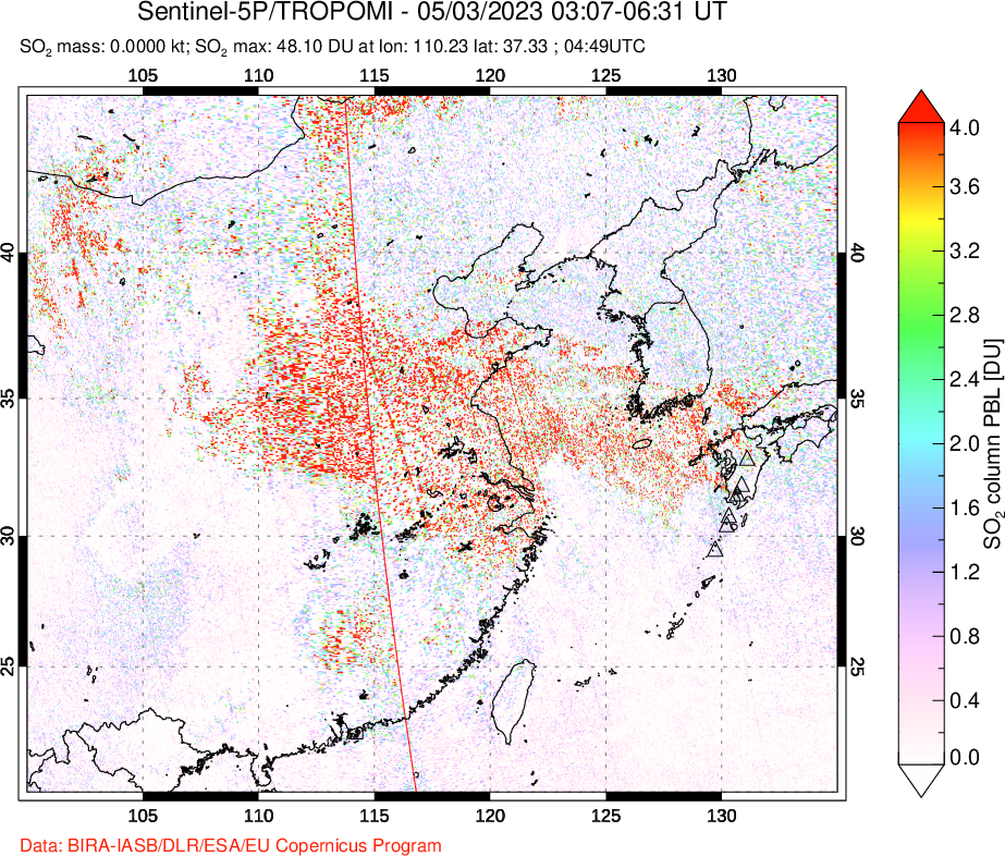A sulfur dioxide image over Eastern China on May 03, 2023.