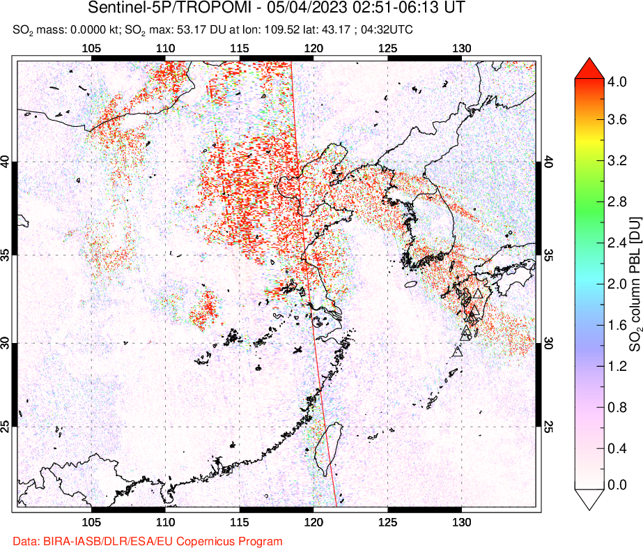 A sulfur dioxide image over Eastern China on May 04, 2023.