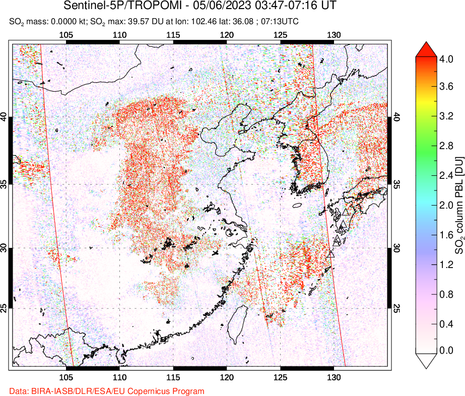 A sulfur dioxide image over Eastern China on May 06, 2023.