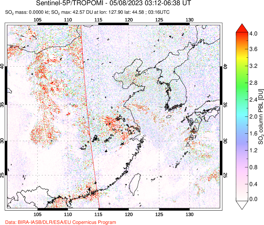 A sulfur dioxide image over Eastern China on May 08, 2023.