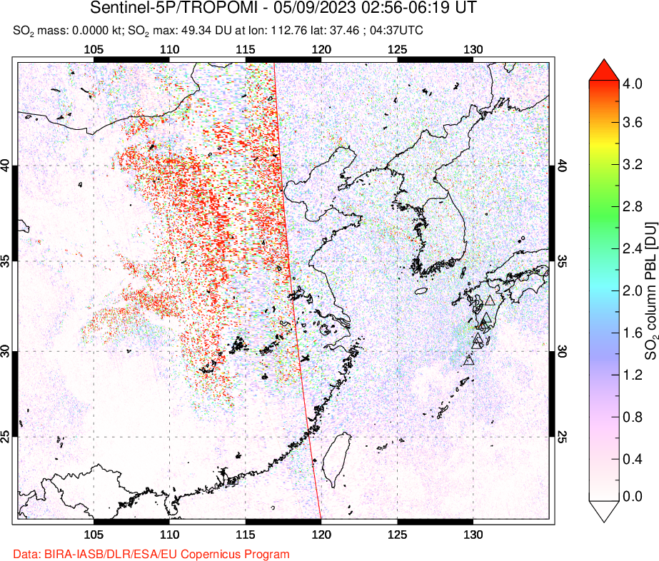 A sulfur dioxide image over Eastern China on May 09, 2023.