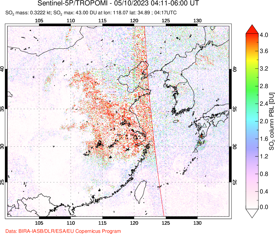 A sulfur dioxide image over Eastern China on May 10, 2023.