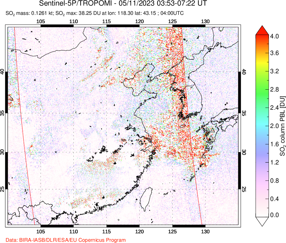 A sulfur dioxide image over Eastern China on May 11, 2023.