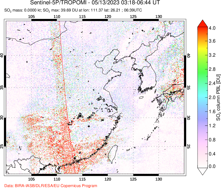 A sulfur dioxide image over Eastern China on May 13, 2023.