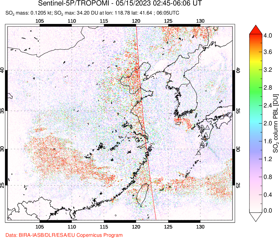 A sulfur dioxide image over Eastern China on May 15, 2023.