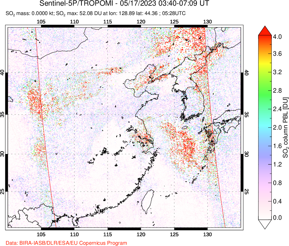 A sulfur dioxide image over Eastern China on May 17, 2023.