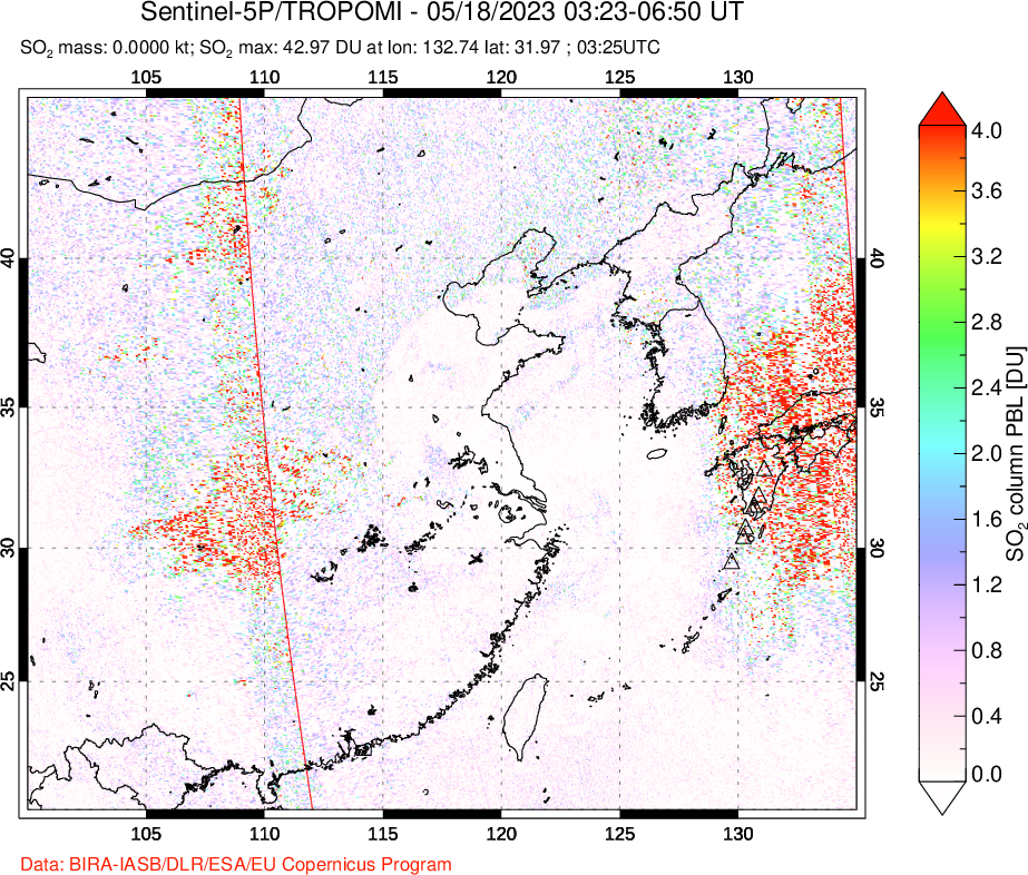 A sulfur dioxide image over Eastern China on May 18, 2023.