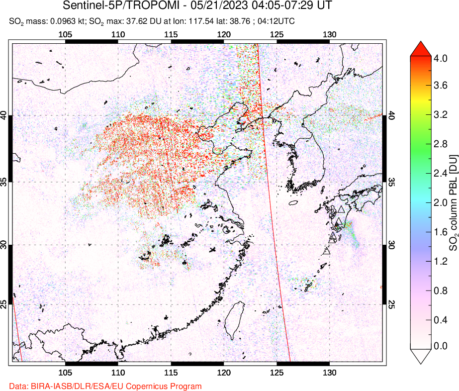 A sulfur dioxide image over Eastern China on May 21, 2023.